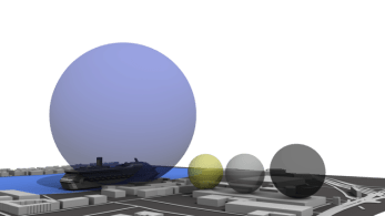 The volume of air saturated to the air quality objective concentration each minute for (left to right): NOx, SO2, PM10 and PM2.5 pollution